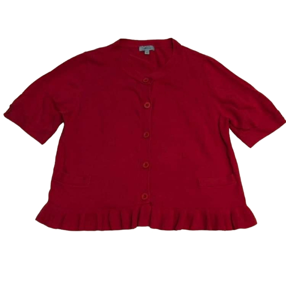 Jessica Red Short Sleeve Cardigan with Ruffle Hem